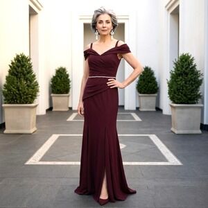 Oleg Cassini Wine Burgundy Off Shoulder Rhinestone Waist Evening Gown Dress 8